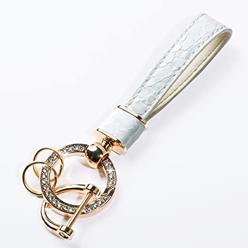 VAGURFO Leather Car Keychain,Key Fob Keychain Holder with 3 Keyrings, Anti-lost D-ring and Bling Metal Clip (White)