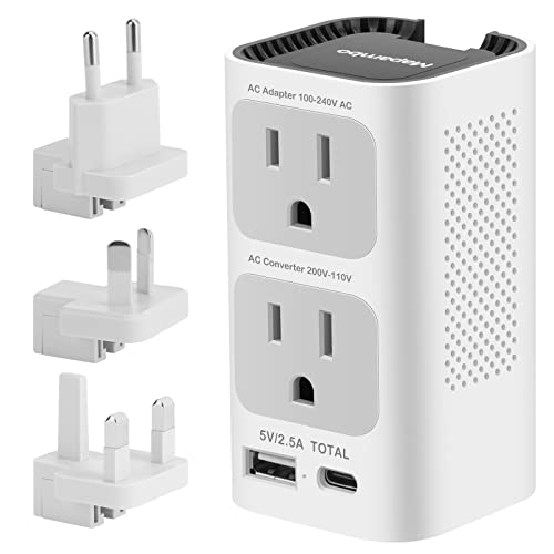 Universal Travel Adapter 220V to 110V Voltage Converter US to Europe, Inernational Power Plug Adapter with 1 USB Port 1 USB C for EU/UK/AU/US