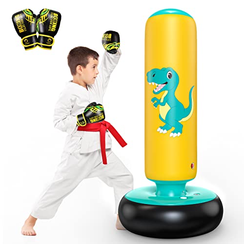 QPAU Inflatable Punching Bag, 48 Inch Stable Inflatable Boxing Bag for 3-6 Kids,Dinosaur Toy & Gifts for Boys and Girls, Kids Boxing Set for Practicing Karate, Taekwondo, MMA,Cyan