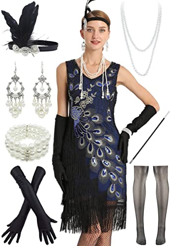 VENSHEMET 1920s Vintage Peacock V Neck Beaded Fringed Party Dress with 20s Accessories Set (Large, Blue)