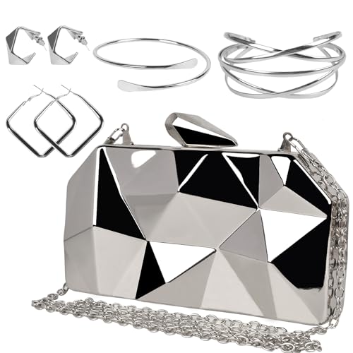 QZUnique Lattice Metal Handbag Geometric Evening Bag Abstract Stone Cut Chain Clutch Purse for Women Silvery