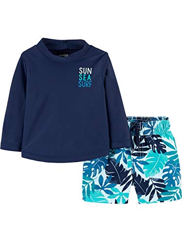 Simple Joys by Carter's Baby Boys' Swimsuit Trunk and Rashguard Set, Navy White Tropical, 6-9 Months