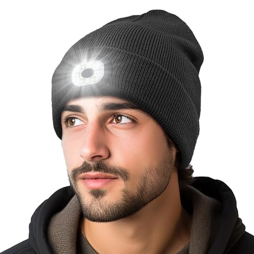 Beanie Hat with Light Rechargeable LED Skullcap Soft & Elastic Knitted Winter Cap Built-in Headlamp for Men and Women Black