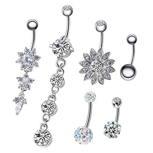 NASAMA 6PCS 14G Stainless Steel Dangle Belly Button Rings for Women Belly Piercing CZ Inlaid (Style 6pcs)