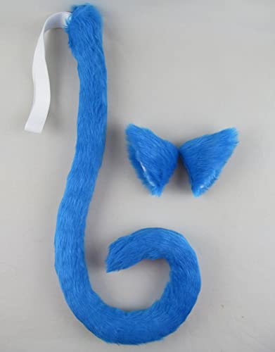 Happylifehere Long Fur Cat Ears and Cat Tail Set Halloween Party Kitty Cosplay Costume Kits (Sky blue)