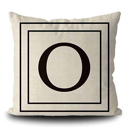 Burlap Pillow Cover with Black Letter Monogram O and Stripes English Alphabet Initial Decorative Square Linen Throw Cushion Case for Bed Sofa Couch 20 x 20 Inch Pillowcase, Double Sided Print