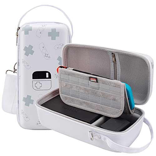 Flyekist Carry Case Compatible with Nintendo Switch and New Switch OLED Console - Portable Hard Shell Travel Switch Storage Bag Protective Pouch with Pockets for Accessories and Games,White