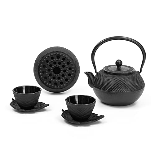 House of Lizassaintt-Home Cast Iron Teapot Set (40 oz Japanese Tea pot) Enamel Coated Cast Iron Tea Kettle with Tea Cups, Saucers, Infuser & Warmer