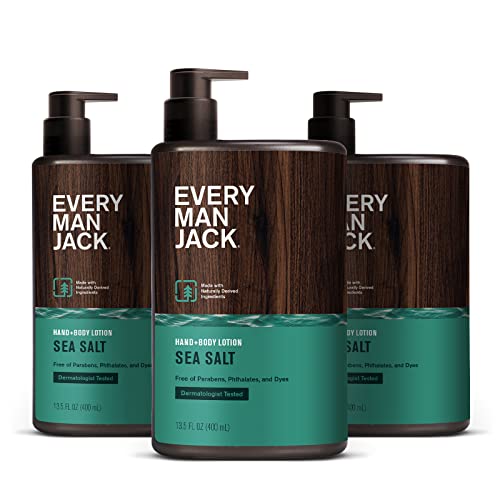 Every Man Jack Mens Sea Salt Hand & Body Lotion for All Skin Types - Dermatologist Tested & Hypoallergenic - Nourish Skin with Lightweight Fast Absorbing Lotion - 13.5oz 3 Bottles