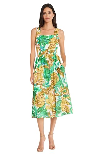 Maggy London Women's Sleeveless Shoulder Strap Dress with Full Skirt, Soft White/Golden Olive