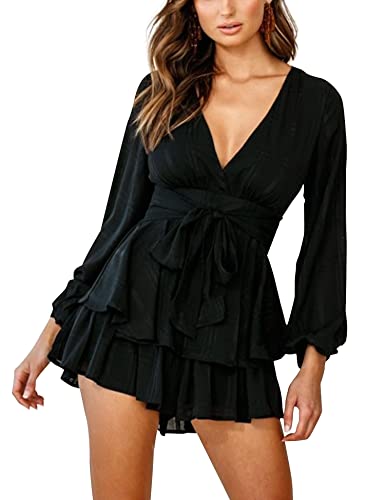 Relipop Women's Romper Floral Print V Neck Baggy Sleeve Waist Tie Layered Ruffle Hem Short Casual Summer Rompers Jumpsuits