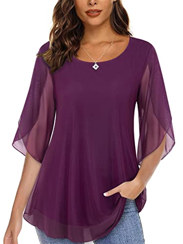 Miusey Chiffon Bell Sleeve Blouse - Business Casual, Plus Size, Mesh Loose Fit, Purple XXL