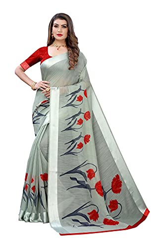 Peegli Saree Women's Green Linen Saree Printed Sari 6 Yd With Blouse Piece