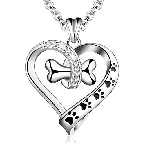 EUDORA 925 Sterling Silver Necklace Cute Dog Paws with Bone, Heart Shape Pendant 18', Gift for Dog Owner