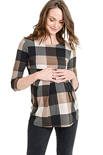 LaClef Womens Shirt Round Neck 3/4 Sleeve Front Pleat Peplum Maternity Top (Brown Plaid, Large)