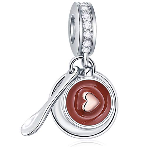 Dangle Coffee Cup with Saucer Spoon Charms, in 925 Sterling Silver, I Love Coffee Mug CZ Bead Pendant, fit Pandora Moments Bracelet, Gifts for Valentines/Sister/Christmas