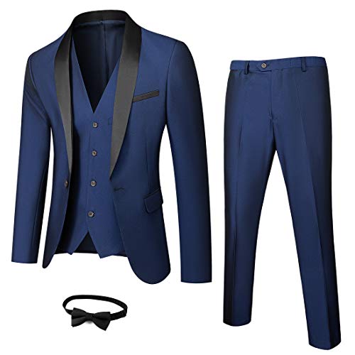 MYS Mens 3-Piece Suit Shawl Lapel One Button Tuxedo Winter Fabric Slim Fit Premium Dinner Jacket Vest Pants & Tie Set Deep Blue