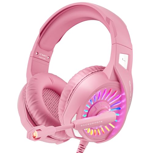 ZIUMIER Z20 Pink Gaming Headset with Microphone, Compatible with PS4 PS5 Xbox One PC Laptop, Over-Ear Headphones with LED RGB Light, Noise Canceling Mic, Stereo Surround Sound