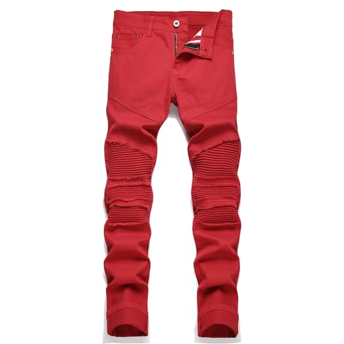 RXXKKK Men's Classic Zipper Biker Regular Fit Flex Jean (34, 243 Red)