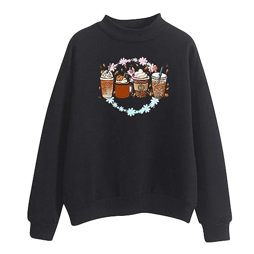 Ceboyel Womens Cute Halloween Sweatshirt 2023 Coffee Pumpkin Graphic Sweater Shirts Crewneck Long Sleeve Fall Clothing Dressy Halloween Clothes for Women Black Xl