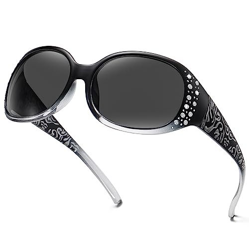 HAOLOTA Retro Polarized Sunglasses for Women, Rhinestone Wrap Around Sunglasses with UV400 Protection
