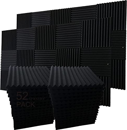 52 Pack 12 'X 12 'X1' Acoustic Panels Studio Soundproofing Foam Wedge Tiles, (52BLACK)