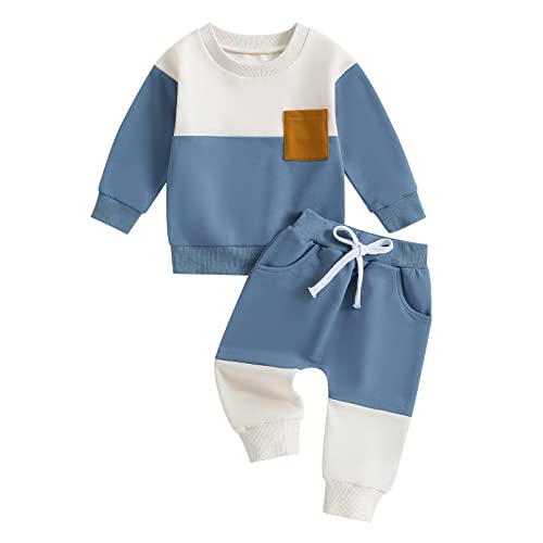 Tsnbre Baby Boy Clothes Outfits Fall Long Sleeve Color Block Sweatshirt Tops Casual Pants Newborn 2Pcs Set (Blue, 18-24 Months)