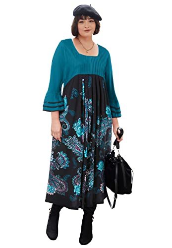 Woman Within Women's Plus Size Ruffle Sleeve Dress - 2X, Black Deep Teal Paisley Border Green