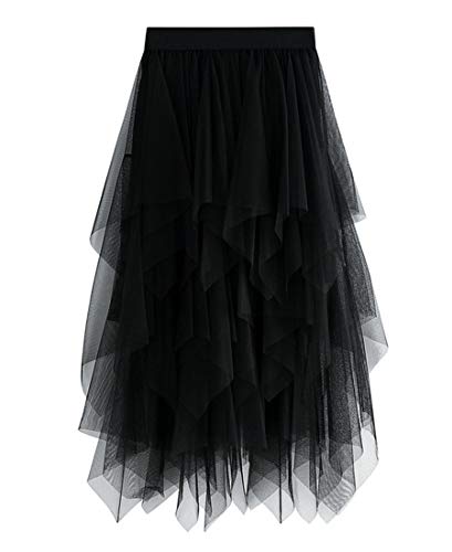 HPLY Women's Tulle Skirt Elastic Waist High Low Asymmetrical Layered Midi Tutu Skirt Black