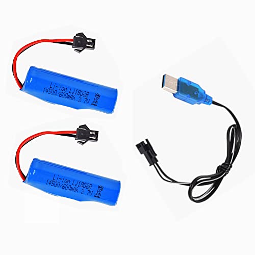 2 Pack 3.7V 600mAh Li-ion Rechargeable Battery 1450cell with USB Charger Cable for Double Sided Rotating Tumbling Amphibious RC Stunt Car Monster Truck C63