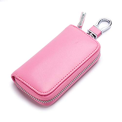 Genuine Leather Key Holder Bag with 2 Card Slot & 6 Hooks & 1 Access Card,Key Case Car Key Holder Wallet for Men Women (Pink)