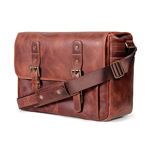 MegaGear Italian Leather Messenger Bag, Lightweight Unisex Business Briefcase Satchel Portfolio, Multi Compartment, Brown, Large