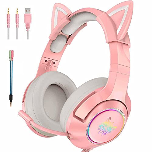 Pink Gaming Headset K9 with 7.1 Virtual Surround Sound and Removable Cat Ear for PS4, PC, Computer, Noise Canceling Retractable Microphone
