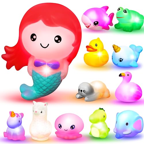 JOYIN 12Pcs Light Up Bath Toys, Toddler Flashing Colourful LED Bathtub Mermaid Toy, Baby Bathtime Floating Rubber Shower Toy for Infant Baby Kids Boy Girl Birthday Valentines Gift Swimming Pool Party