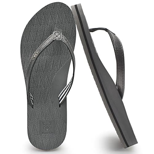 KuaiLu Womens Fashion Flip Flops Ladies Lightweight Summer Beach Yoga Mat Thong Sandals with Comfortable Arch Support Grey Size 7