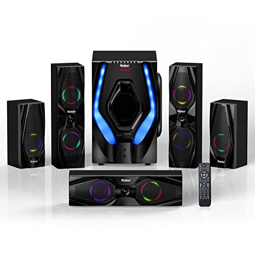 Bobtot Surround Sound Speakers 1200W Peak Power Home Theater System with RGB Lights - 10' Subwoofer 5.1/2.1 Wired Stereo System Strong Bass Bluetooth Input Home Audio System