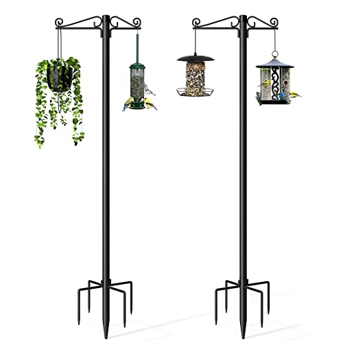 Mr IRONSTONE Adjustable Bird Feeder Pole Double Shepherds Hooks for Outdoor Hanging of Solar Lanterns, Plants Baskets, 76' Bird Feeder Stand Heavy Duty with 5 Prongs Base, 2 Pack