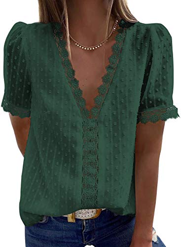 Astylish Womens Chiffon Blouse Swiss Dot Casual Short Sleeve V Neck Pom Pom Shirts Tops Green Medium