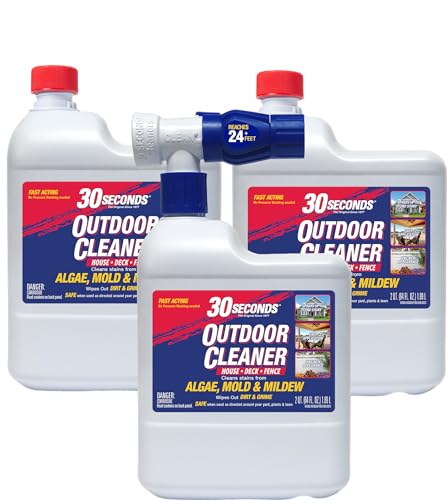 30 Seconds Outdoor Cleaner | Cleans Moss & Algae Stains from House, Vinyl Siding, Deck, Patio, Fence - 2 Capped Bottles, 1 Hose End Spray Attachment (64 Fl Oz (Pack of 3)
