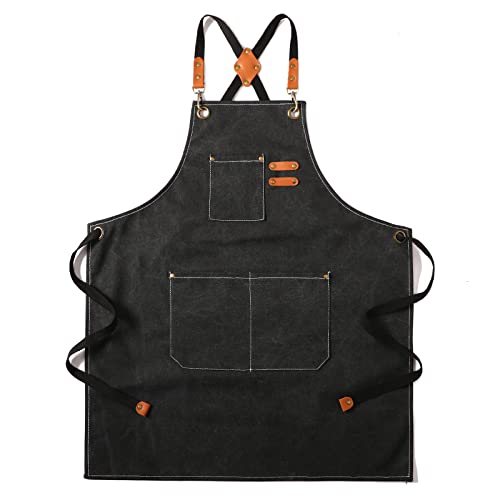 Tosewever Canvas Cross Back Chef Apron for Men Women with Adjustable Straps Large Pockets, Waterdrop Kitchen Heavy Duty Cotton Aprons for Tool Cooking BBQ Artist, M to XXL (Black)