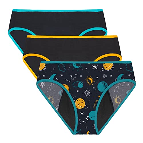 Neione Girls Period Underwear for Teens Menstrual Panties First Period Starter Hipsters 3 Pack Galaxy 10-12 Years