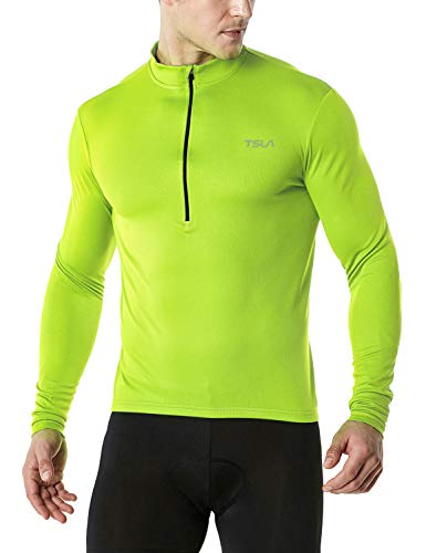 TSLA Men's Long Sleeve Bike Cycling Jersey, Quick Dry Breathable Reflective Biking Shirts with 3 Rear Pockets, Cycle Long Sleeve Neon, Large