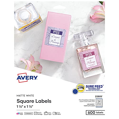 Avery Printable Blank Square Labels, 1.5' x 1.5', Matte White, 600 Customizable Labels (22805)