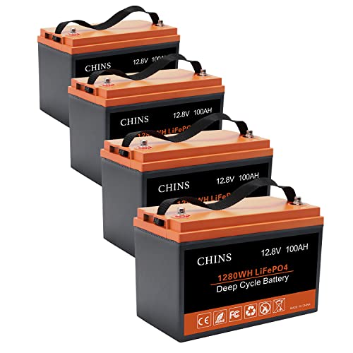 CHINS 4 Pack LiFePO4 Battery 12V 100AH Lithium Battery Perfect for Golf Cart, Trolling Motors, Marine, RV, Solar, Boat and Off-Grid, Built-in 100A BMS, 2000~5000 Cycles