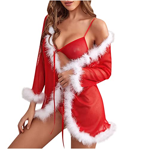 Recent Orders Placed Christmas Lingerie for Women Exotic Mesh See Through Robe Lingerie for Sex Naughty Boudoir Babydoll Plush Hem Pjs Sleepwear 2023 Christmas