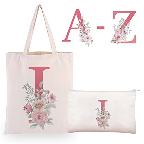 boutikpro Floral Initial Canvas Tote Bag with Zipper Letter Present Bag Cosmetic Makeup Bag Monogrammed Gift for Women Bridesmaid Mom (Floral J)