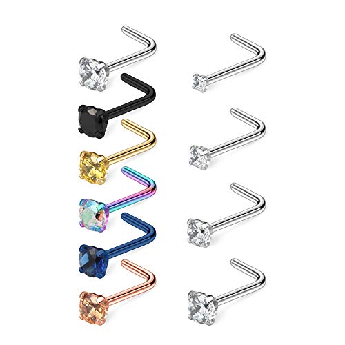Yaalozei 22G Thin Nose Rings Studs Piercing Jewelry for Women Stainless Surgical Steel Nose Stud L Shaped Bar Bend Curved Nostril Nose Ring Stud Piercing Jewelry Set Men 22 Gauge 1.5mm 2mm 2.5mm 3mm