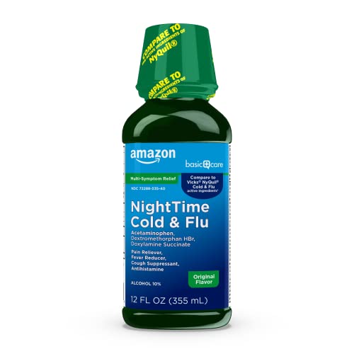 Amazon Basic Care Nighttime Cold and Flu Medicine, Maximum Strength, Original Flavor Liquid, Multi-Symptom Relief, 12 Fluid Ounces