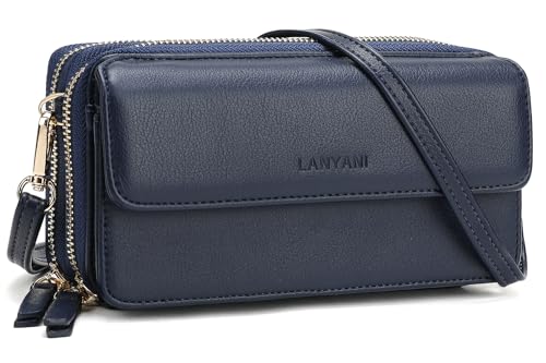 Women Crossbody Wallet RFID Blocking Cell Phone wristlet Purse with shoulder strap small crossbody bag (Navy blue)