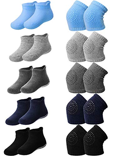 10 Pairs Baby Crawling Anti-Slip Knee Pads and Anti-Slip Baby Socks Set Unisex Toddler Knee Protectors Non Slip Ankle Socks (Chic Colors)